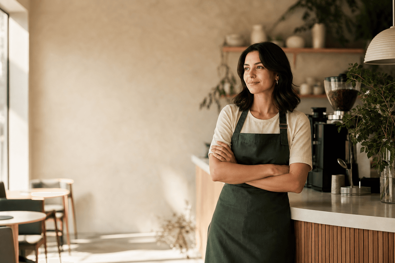 A confident small-business owner in their café