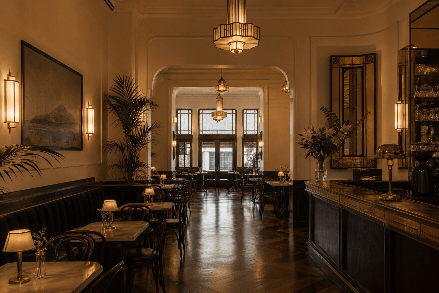 Cosy art-deco cafe interior with warm amber lighting