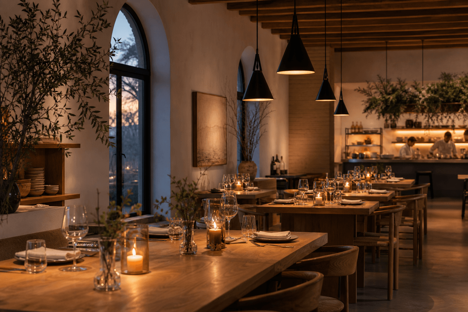 The Terra Kitchen dining room at dusk