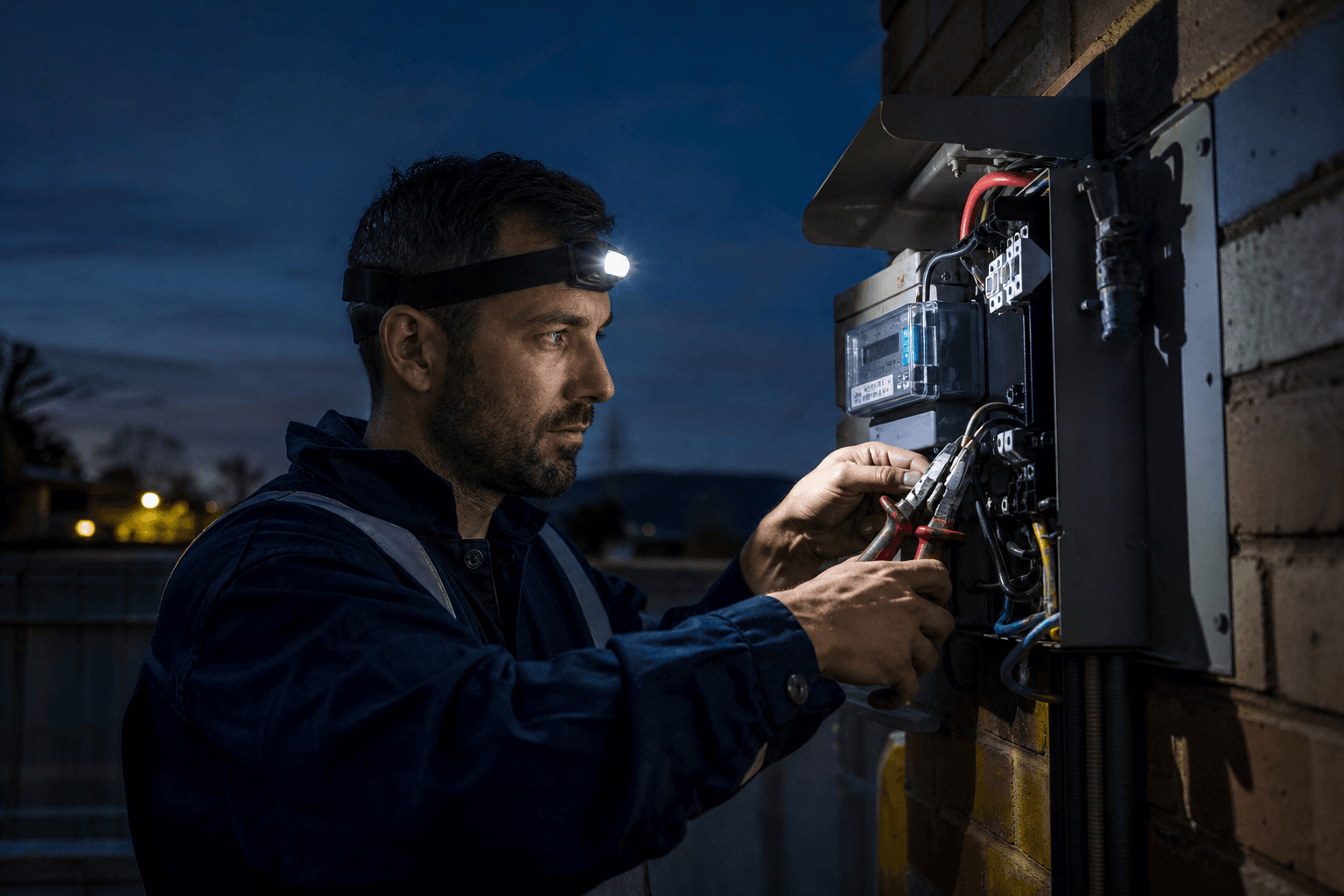 Emergency electrical repair at night